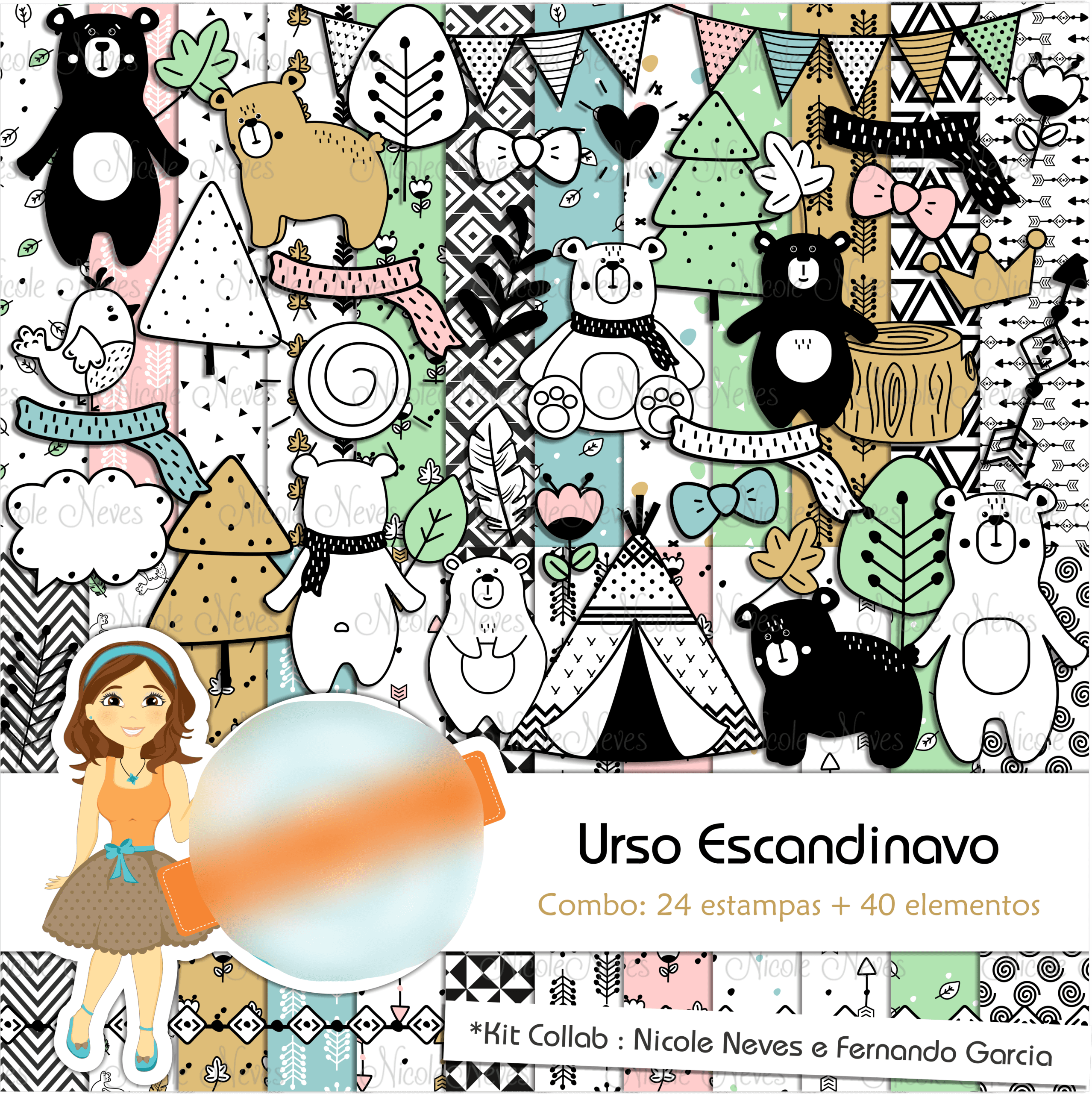 COMBO_URSO ESCANDINAVO Kit Digital Papeis Urso Escandinavo - Imagem 1