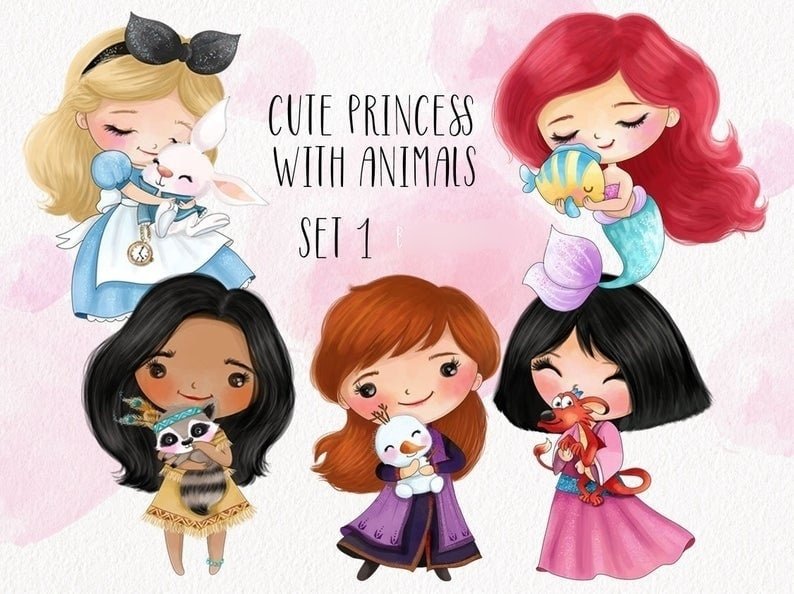 CUTE_PRINCESS_WITH_ANIMALS_SET_1_CLIPART Kit Digital Princesinhas Cut - Imagem 1