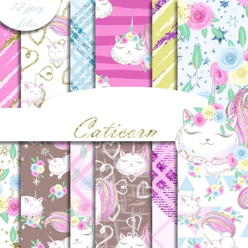 Caticorn PP-DDAA Kit Digital Papeis Gatinho Unicornio - Imagem 1