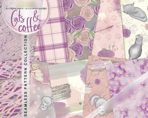 Cats and Coffee Papers Kit Digital Papeis Gatinho - Imagem 1