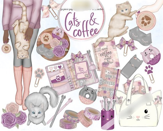 Cats and coffee planner clipart Kit Digital Planner Menina e Gatinho - Imagem 1