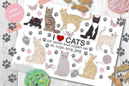 Cats-vector-clipart-set Kit Digital Gatinhos Clipart - Imagem 1