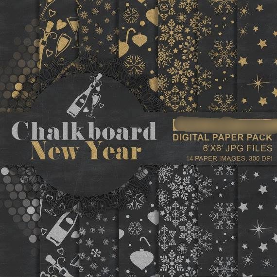 Chalkboard New Year Kit Digital Papeis Ano Novo Negro - Imagem 1