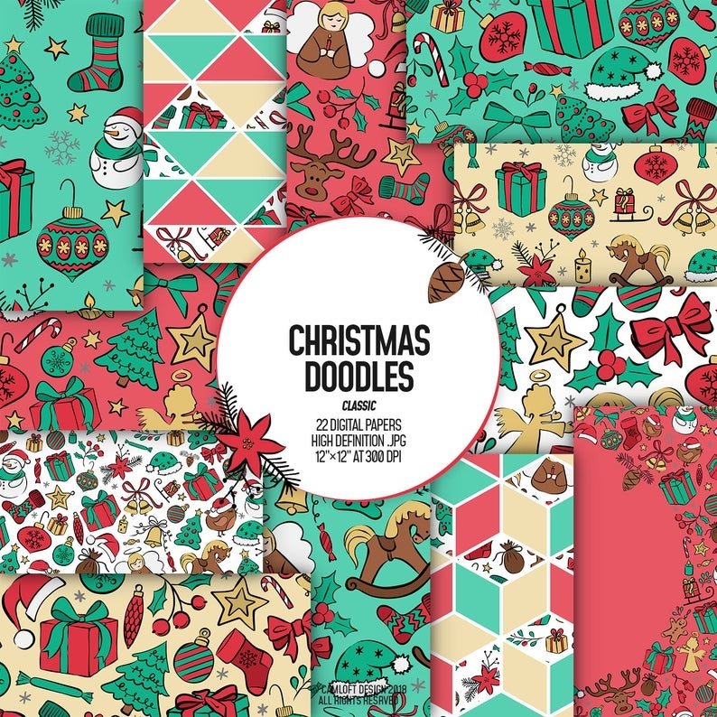 Chirstmas Doodles Classic Kit Digital Papeis Natal - Imagem 1