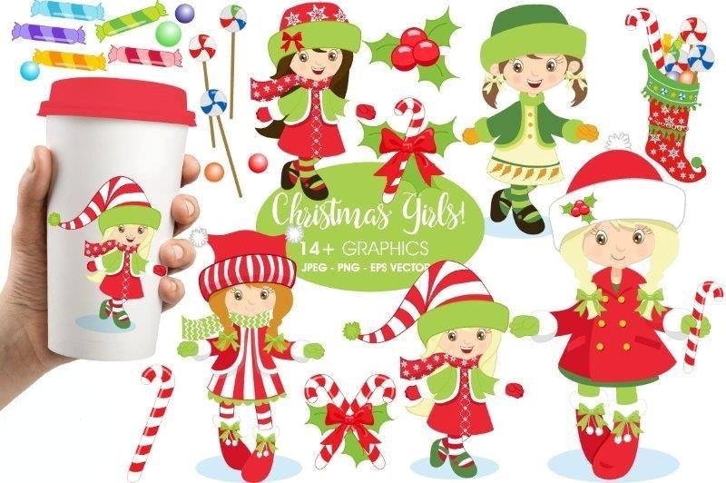 Christmas Girls Clipart Kit Digital Natal Meninas - Imagem 1