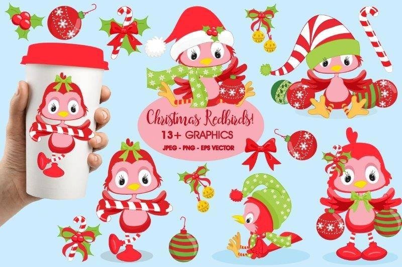 Christmas Red Birds Clipart Kit Digital Passaros Vermelhos no Natal - Imagem 1