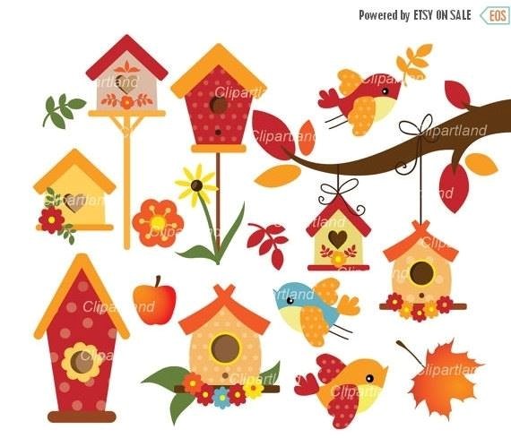 Clipartland_Birdhouse fall Kit Digital Passaro Casinha Vermelha - Imagem 1