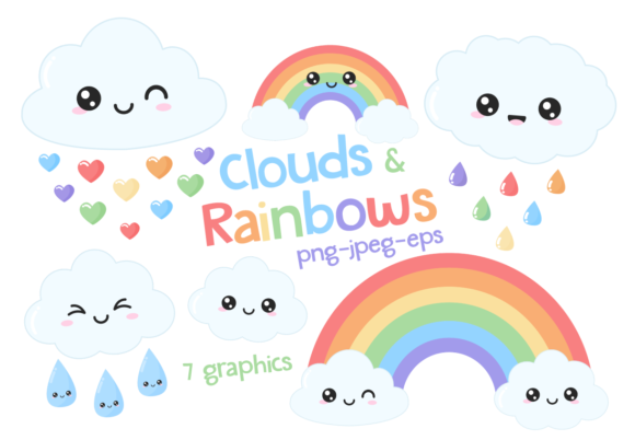 Clouds _ Rainbows Clipart Set Kit Digital Chuva de Amor - Imagem 1
