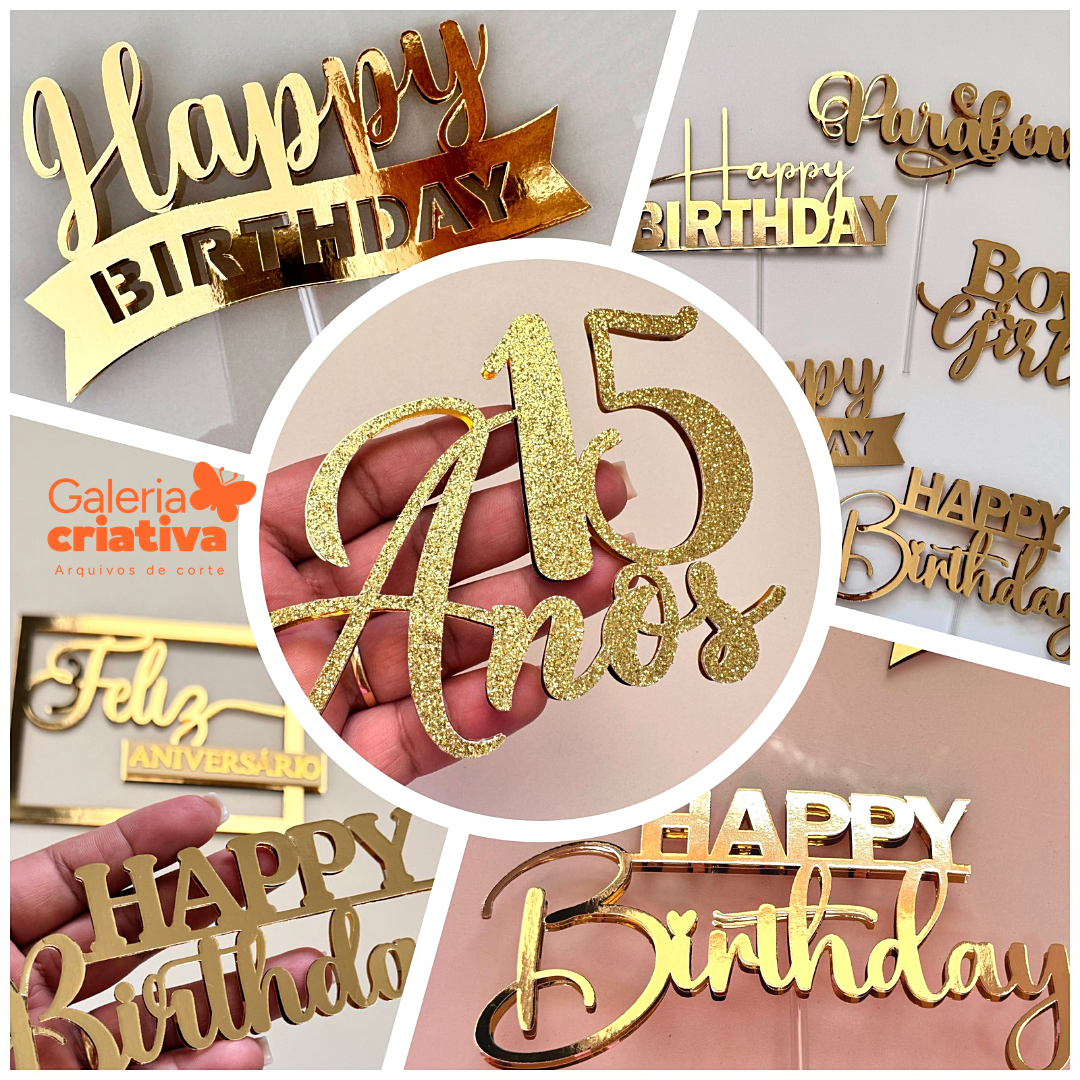 Combo Feliz Aniversário Happy Birthday Arquivo Topo de Bolo Combo Feliz Aniversário Happy Birthday - Imagem 1