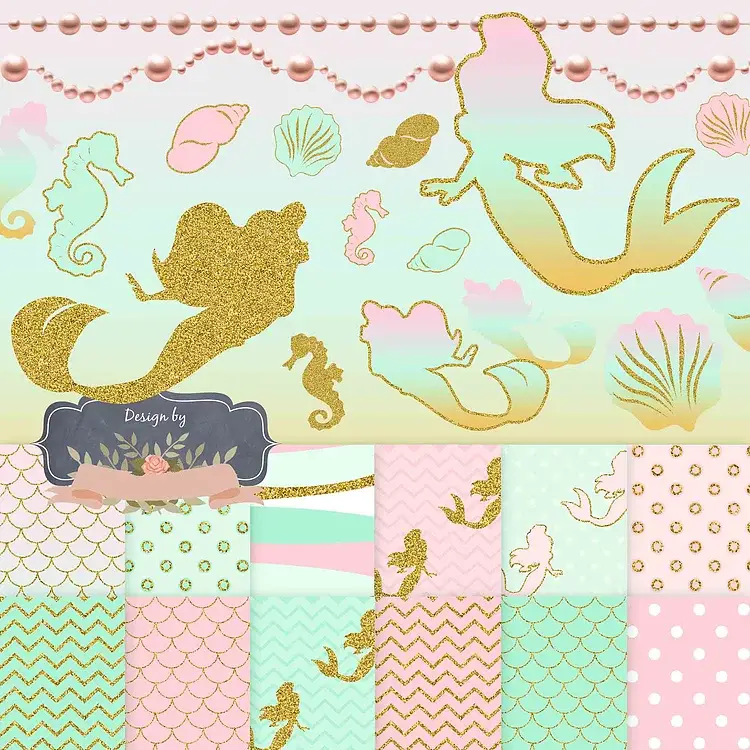Combo Papéis + Cliparts Sereia Kit Digital Papeis Sereia - Imagem 1