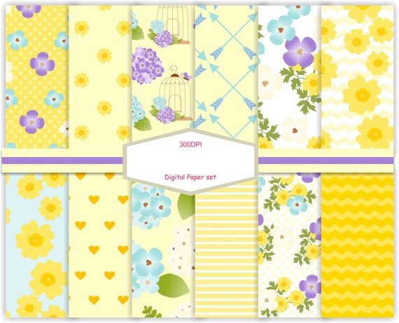 Cópia de Cópia de Copia de NO.107FRESHYELLOWFLORAL1-6 Arquivo Kit Digital Papéis Floral em Tons de Amarelo e Lilás. - Imagem 1
