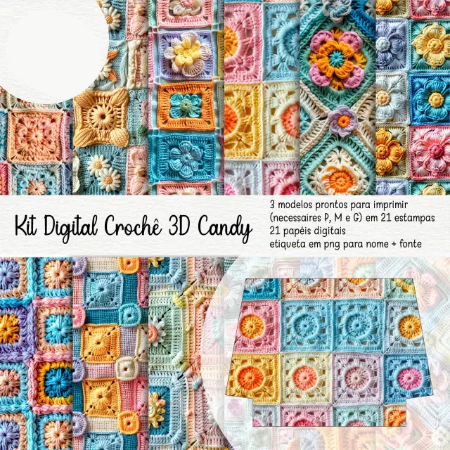 Crochê 3D Candy Kit Digital Papeis Croché 3D Candy - Imagem 1