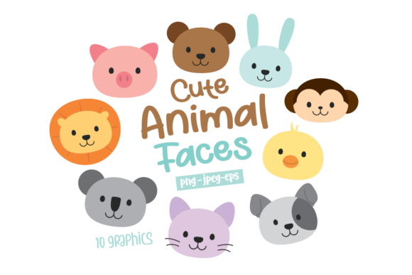 Cute Animals Faces Clipart Kit Digital Rostos de Animais Fofos - Imagem 1