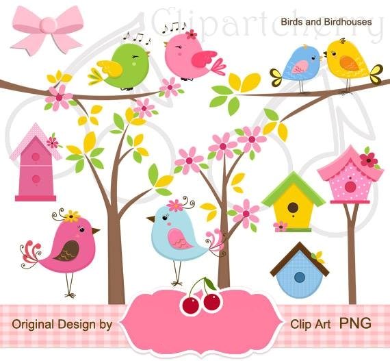Cute Birds and Birdhouses Kit Digital Casa dos Passaros - Imagem 1