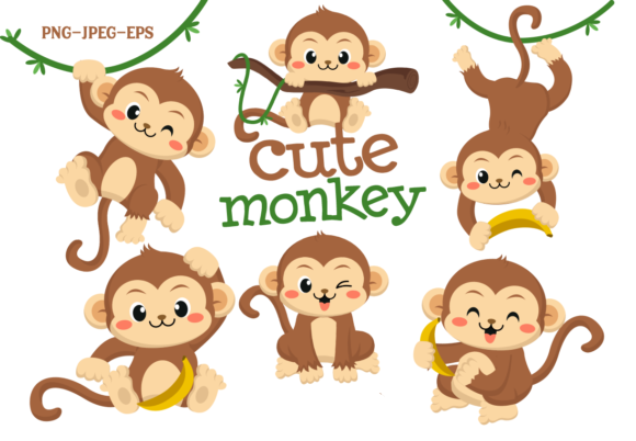 Cute Monkey Clipart Set Kit Digital Macaquinhos - Imagem 1