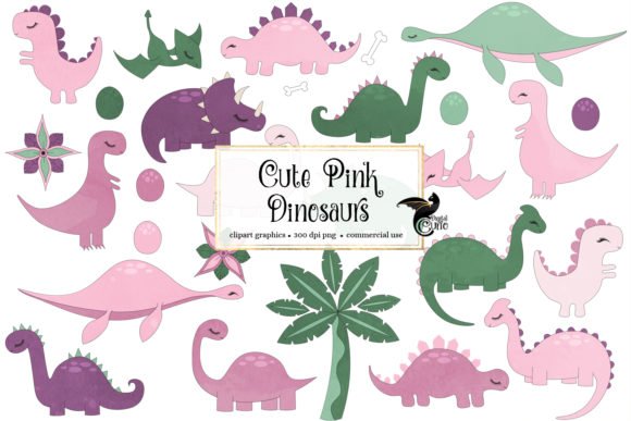 Cute-Pink-Dinosaurs-Clipart-4387362 Kit Digital Dinossauro Pink - Imagem 1