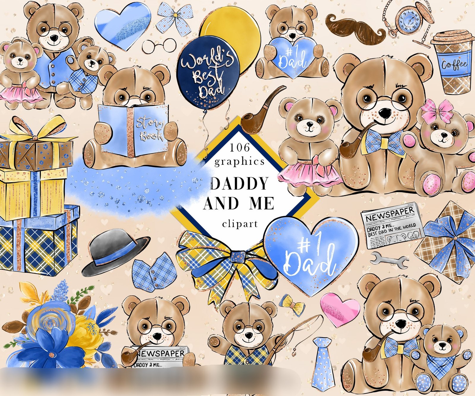 Daddy and Me Clipart Arquivo Kit Digital Ursinhos - Imagem 1