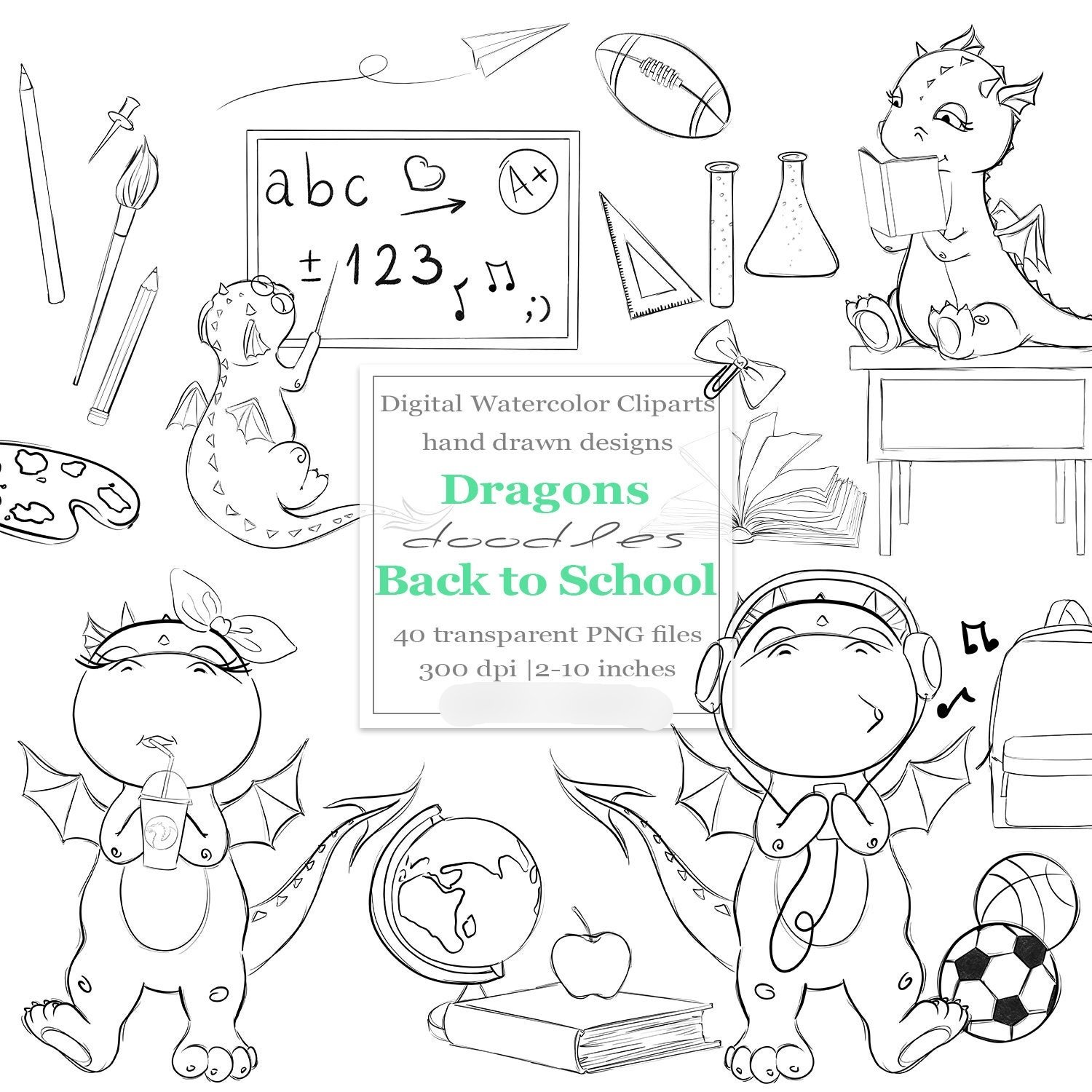 Dragon Back to School Doodles Kit Digital Desenhos Dragoes Volta as Aulas - Imagem 1