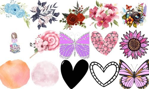 ELEMENTOS DIVERSOS Kit Digital Elementos Flores Borbolteas Coração - Imagem 1