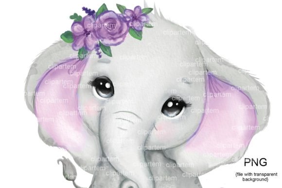 Elephant Girl Purple Flower Kit Digital Flor Roxa Menina Elefante - Imagem 1