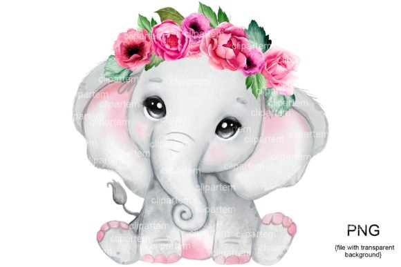 Elephant with Flowers Pink Kit Digital Elefantinha Rosa - Imagem 1