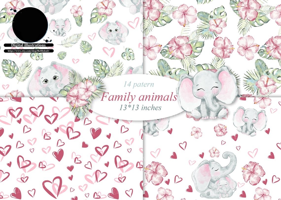 FAMILY ANIMALS PAPERS Kit Digital Papeis Elefantinhos Fofinhos - Imagem 1