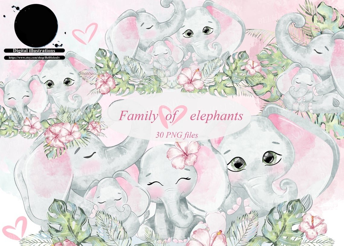 FAMILY OF ELEPHANTS CLIPART Kit Digital Elefantinhos Fofinhos - Imagem 1