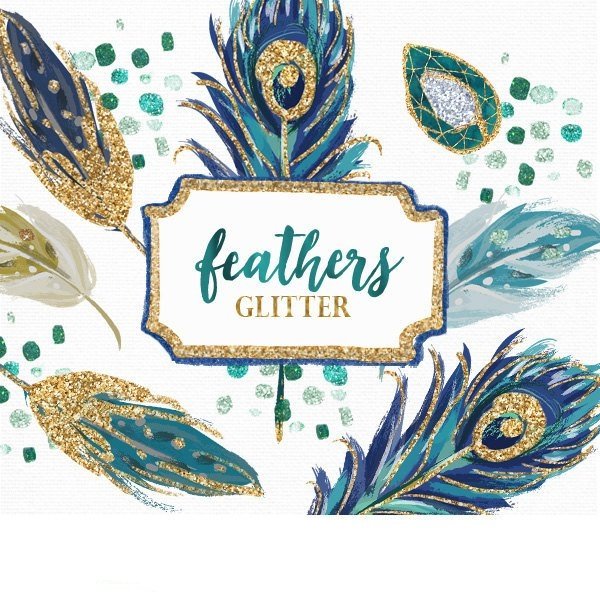 Feathers_Glitter_Clipart Kit Digital Penas de Pavão Blilhosas - Imagem 1