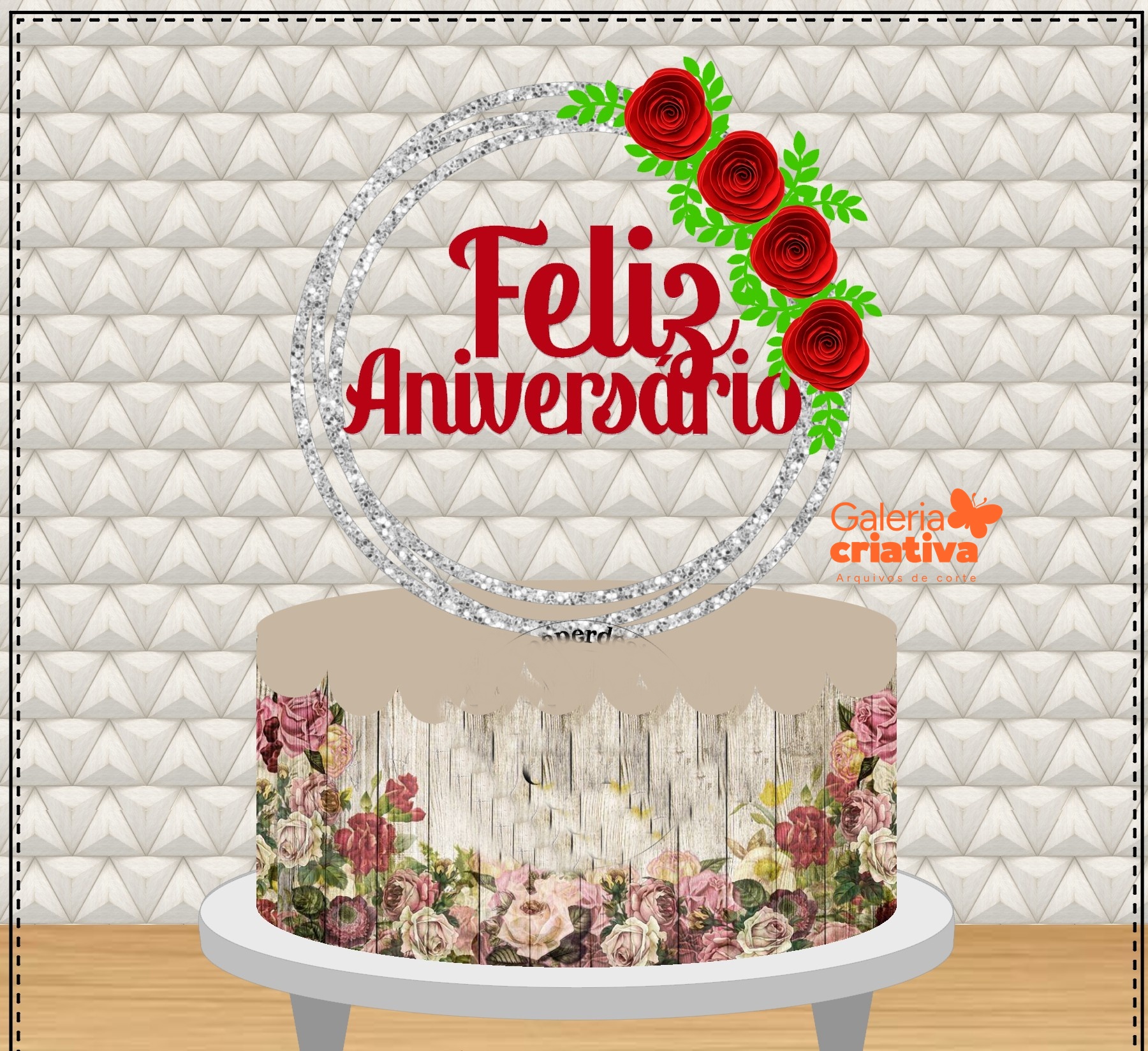 Feliz Aniversário Circular Floral 3 Arquivo Topo de Bolo Feliz Aniversário Circular Floral 3 - Imagem 1