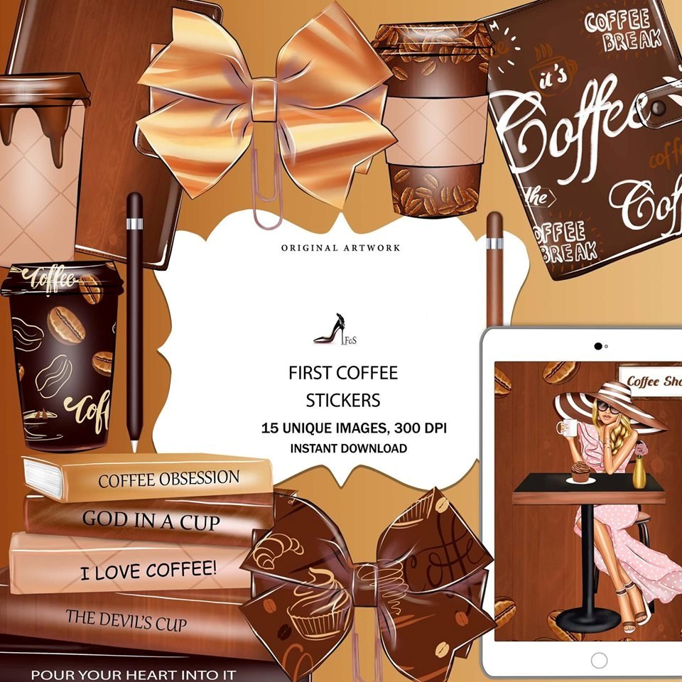 First Coffee Planner Clipart Kit Digital Primeiro Café - Imagem 1