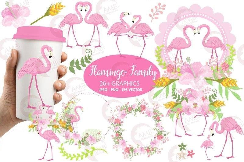 Floral Flamingos Clipart Kit Digital Flamingos - Imagem 1