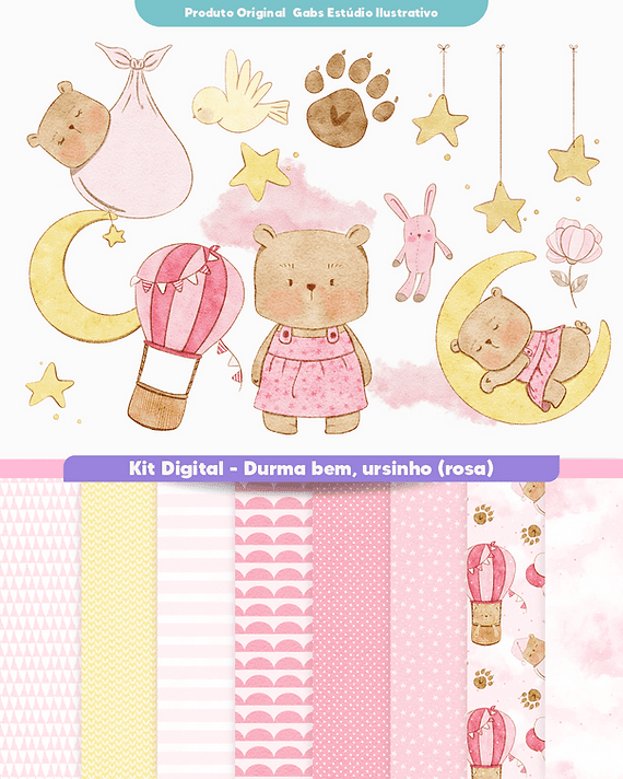 GABS_DURMABEMURSINHO_KITDIGITALROSA Kit Digital Papeis Durma Bem Ursinha Rosa - Imagem 1