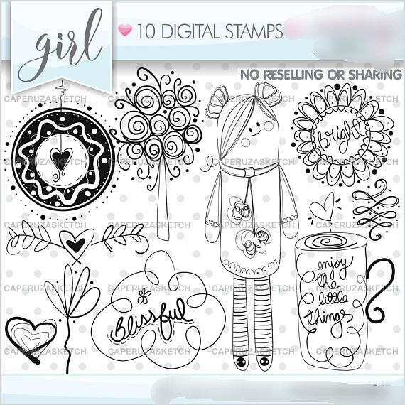 Girl 2 Stamps Kit Digital Menina Rabiscos - Imagem 1