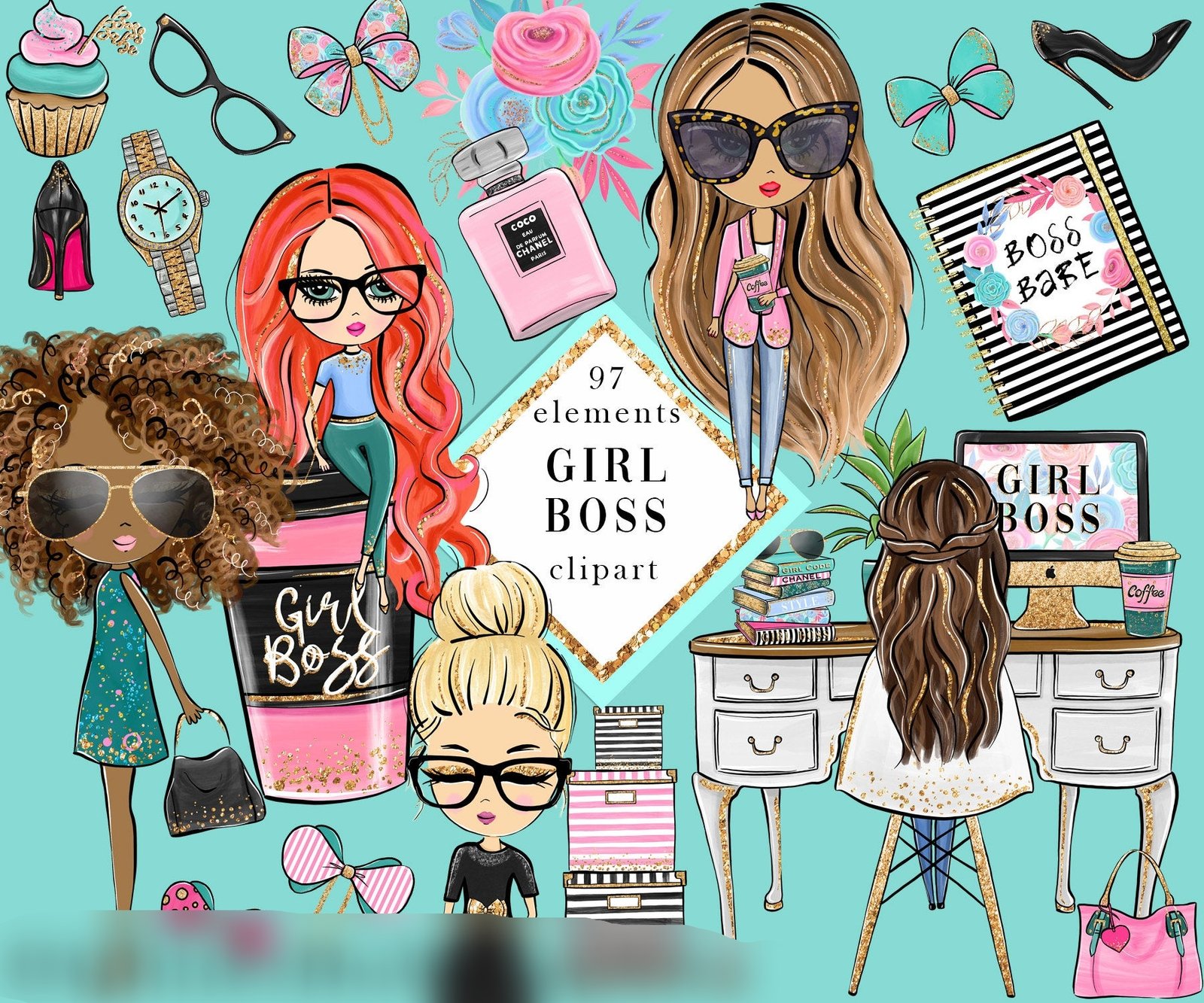 Girl Boss Clipart Arquivo Kit Digital Mulheres Independente - Estilosas - Imagem 1