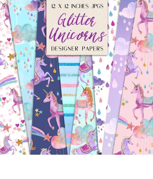 Glitter Unicorns Papers Kit Digital Papeis Unicornio com Glitter - Imagem 1