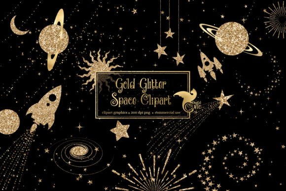 Gold-Glitter-Space-Clipart-2974258 Kit Digital Espaço Galáxia com Gliter Dourado - Imagem 1
