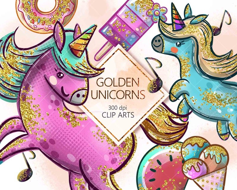 GoldenUnicornspart Arquivo Kit Digital Unicórnios Brilhoso - Imagem 1