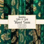 Kit Digital Papeis Folhas Tropicais Verde Douradas