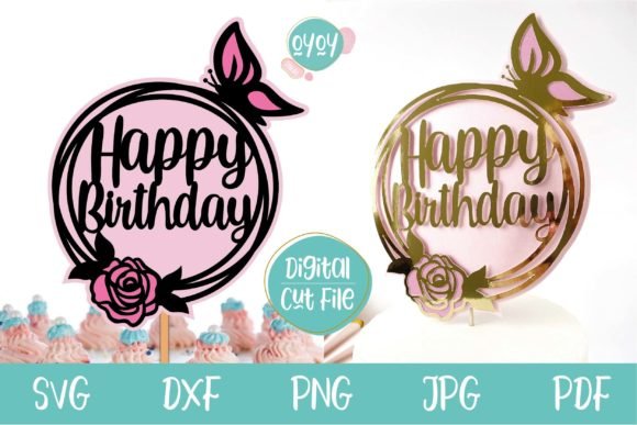 Happy Birthday Circular Borboletas Arquivo Topo de Bolo Happy Birthday Circular Borboletas - Imagem 1