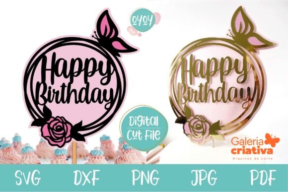 Happy Birthday Circular Borboletas Arquivo Topo de Bolo Happy Birthday Circular Borboletas - Imagem 1