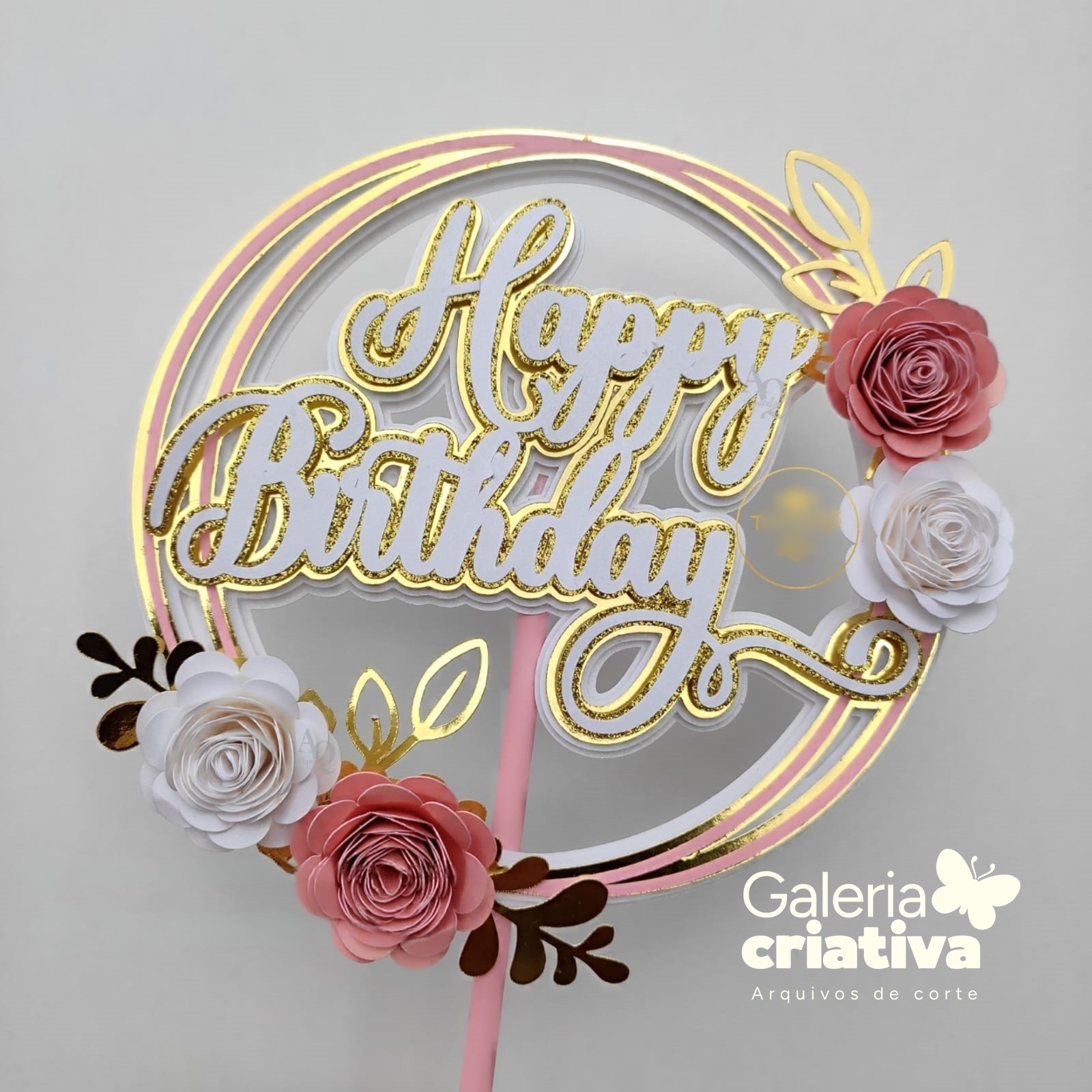 Happy Birthday Circular Floral Arquivo Topo de Bolo Happy Birthday Circular Floral - Imagem 1