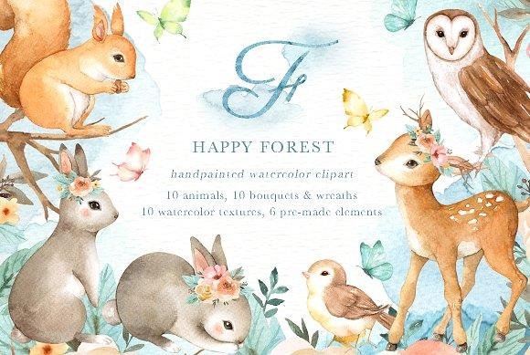 Happy Forest Watercolor Clipart Kit Digital Floresta Aquarela - Imagem 1