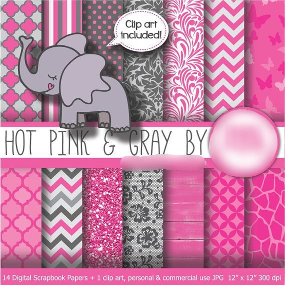 Hot Pink Gray Kit Digital Papeis Rosa Quente Cinza Elefantinho - Imagem 1