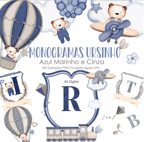KIT MONOGRAMAS URSINHO AZUL MARINHO E CINZA Kit Digital Ursinho Azul Marinho e Cinza - Imagem 1