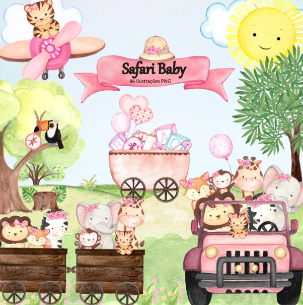 KIT SAFARI BABY MENINA Kit Digital Safari Baby Girl - Imagem 1