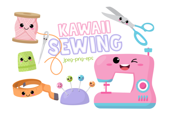 Kawaii Sewing Clipart Set Kit Digital Maquina de Costura - Imagem 1