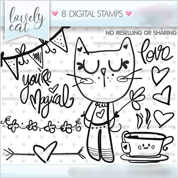 Lovely Cat Stamps Kit Digital Love Gatinho Rabisco - Imagem 1