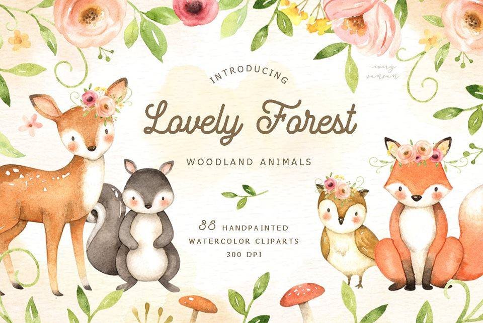 Lovely Forest Watercolors by Graph Kit Digital Lindos Animais da Floresta - Imagem 1