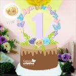 Arquivo Topo de Bolo Mesversário Circular Flores e Borboletas