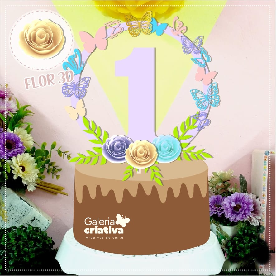 Mesversário Circular Flores e Borboletas Arquivo Topo de Bolo Mesversário Circular Flores e Borboletas - Imagem 1